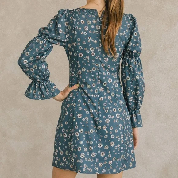 NWOT Blue Floral Print Long Sleeve Dress - Picture 5 of 6